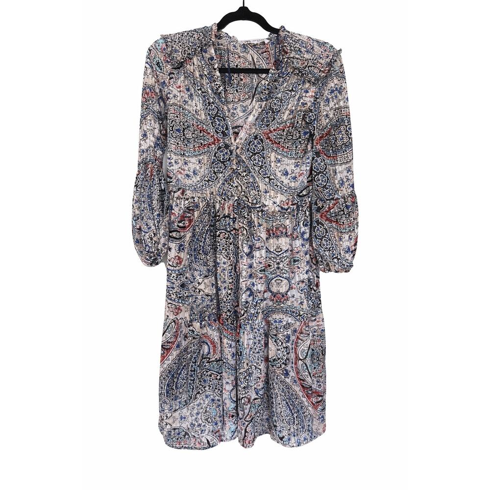 Zara XS Paisley Metallic Thread Midi Dress Boho Western Festival Ruffle